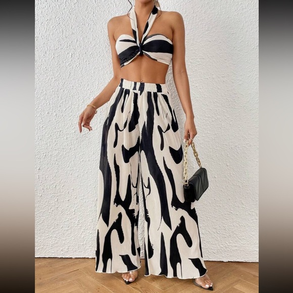 Two Piece Outfits Graphic Print Halter Top & Wide Leg Pants - Picture 7 of 11